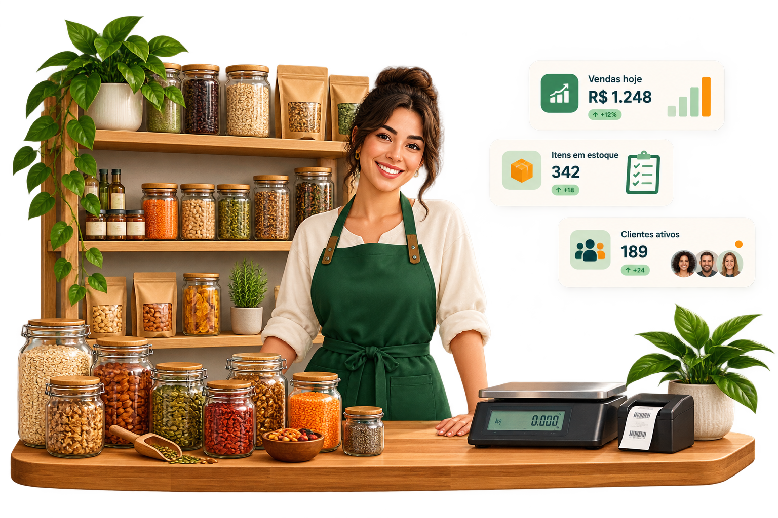 Empreendedora gerenciando vendas, estoque e clientes em uma loja de produtos naturais